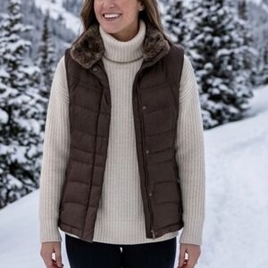 Eddie Bauer Brown Quilted Down Puffer Vest Faux Fur Collar Women’s Size S